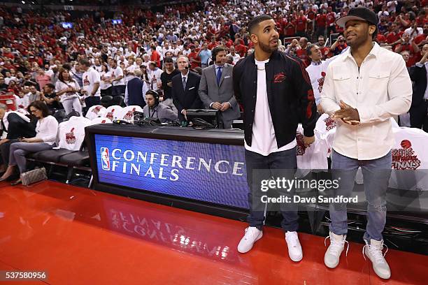 Rapper, Drake attends Game Six of the NBA Eastern Conference Finals between the Cleveland Cavaliers and Toronto Raptors at Air Canada Centre on May...