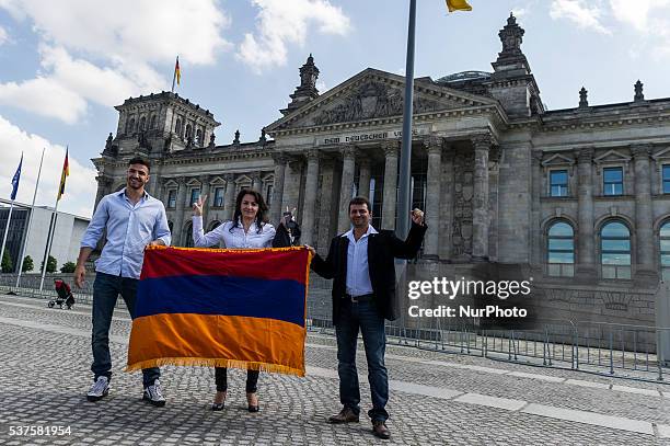 Activists protest outside the Reichstag building while the Bundestag is discussing a resolution regarding the recognition of the Armenian genocide on...