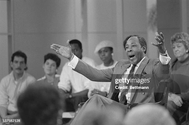 Joe Clark, a flamboyant principal of East Side High School in Paterson, New Jersey, makes his point during the Phil Donahue talk show on TV. The...