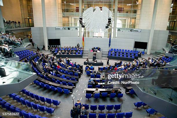 General view shows the plenary hall of the Bundestag prior a debate on recognition of the Armenian genocide during the 173rd sitting in Berlin on...