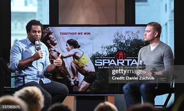 Dhani Jones and moderator Brian Fitzsimmons attend AOL Build to discuss his new show 'Spartan: Ultimate Team Challenge' at AOL Studios on June 2,...