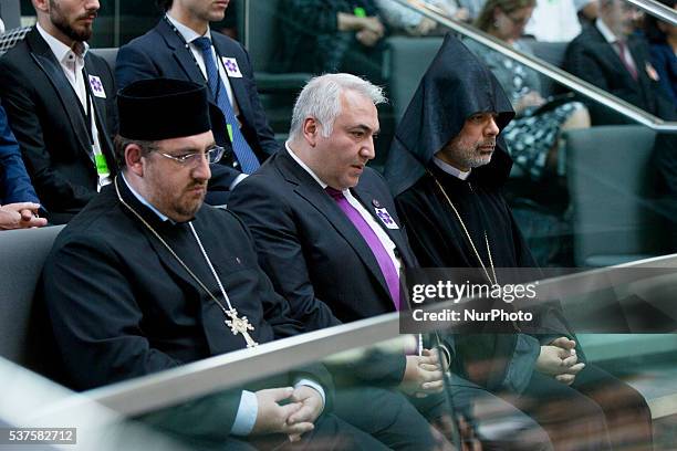 Serovpe Isakhanyan, Vicar Archbishop of the Armenian Church in Germany, Ilias Uyar from the association AnerkennungJetzt and Diradur Sardaryan,...