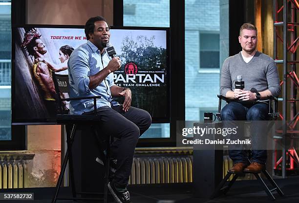 Dhani Jones and moderator Brian Fitzsimmons attend AOL Build to discuss his new show 'Spartan: Ultimate Team Challenge' at AOL Studios on June 2,...