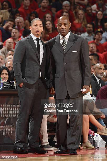 Tyronn Lue and Larry Drew of the Cleveland Cavaliers coach during Game Six of the NBA Eastern Conference Finals against the Toronto Raptors at Air...