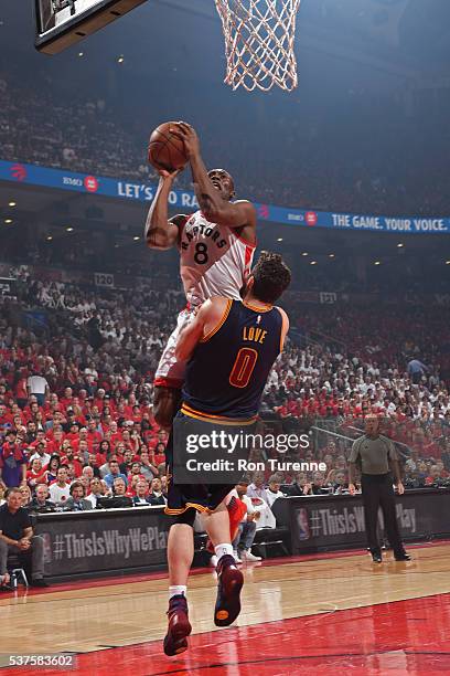 Bismack Biyombo of the Toronto Raptors drives to the basket against the Cleveland Cavaliers in Game Six of the NBA Eastern Conference Finals at Air...