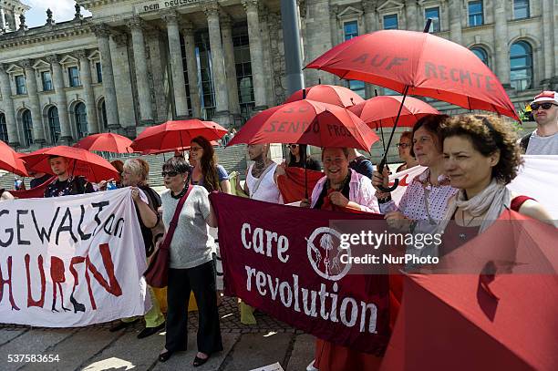 Prostitutes demonstrating against a new prostitution law in front of the Bundesrat parliament in Berlin, Germany, 2 June 2016.