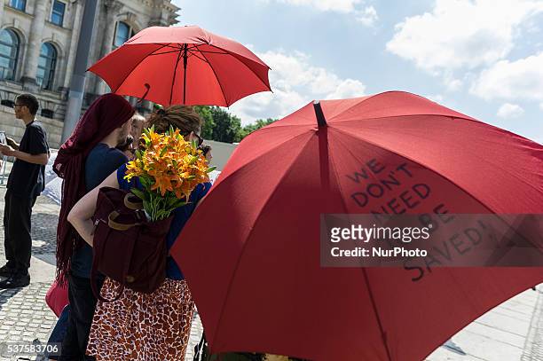 Prostitutes demonstrating against a new prostitution law in front of the Bundesrat parliament in Berlin, Germany, 2 June 2016.