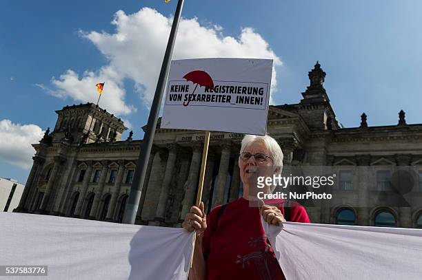 Prostitutes demonstrating against a new prostitution law in front of the Bundesrat parliament in Berlin, Germany, 2 June 2016.