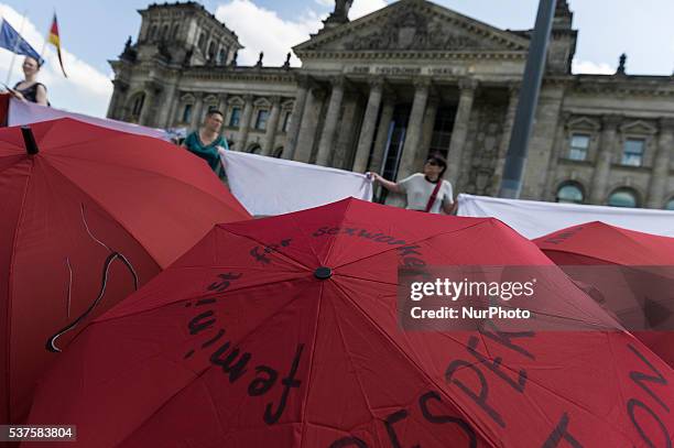 Prostitutes demonstrating against a new prostitution law in front of the Bundesrat parliament in Berlin, Germany, 2 June 2016.