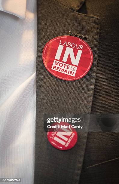 Sticker of Alan Johnson, Labour MP and former Home Secretary, during a visit to a pro-EU company, Pollards Printers with the the Labour IN for...