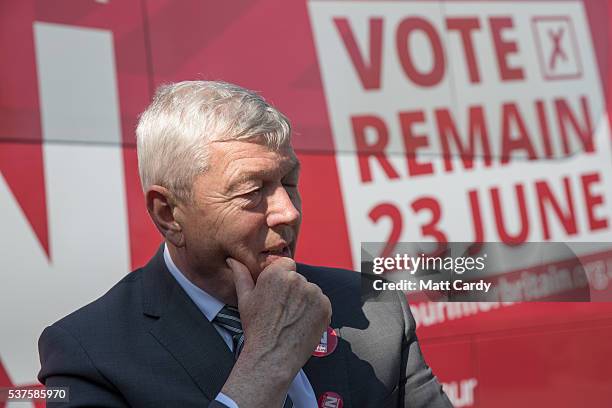 Alan Johnson, Labour MP and former Home Secretary, speaks to media during a visit to a pro-EU company, Pollards Printers with the the Labour IN for...