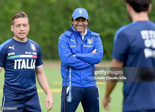 Head coach Italy Antonio Conte smiles during the Italy training session at the club's training ground at Coverciano on June 02, 2016 in Florence,...