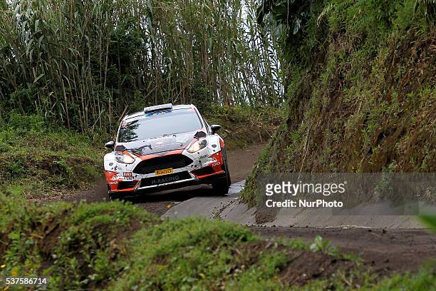 Alexey Lukyanuk and Alexey Arnautov in Ford Fiesta R5 of Alexey Lukyanuk during the shakedow of the FIA ERC Azores Airlines Rallye 2016 in Ponta...