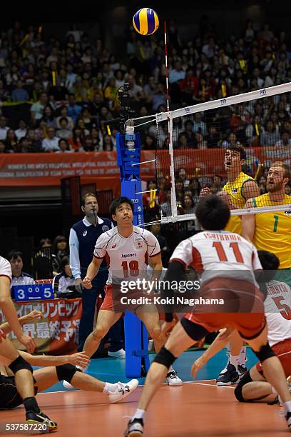 Yuta Yoneyama of/Japan follows the ball during the Men's World Olympic Qualification game between Australia and Japan at Tokyo Metropolitan Gymnasium...