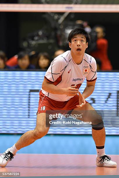 Yuta Yoneyama of Japan looks on during the Men's World Olympic Qualification game between Australia and Japan at Tokyo Metropolitan Gymnasium on June...