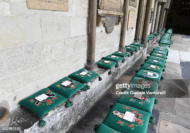 General view of the set up ahead of the Gucci Cruise 2017 fashion show at the Cloisters of Westminster Abbey on June 2, 2016 in London, England.