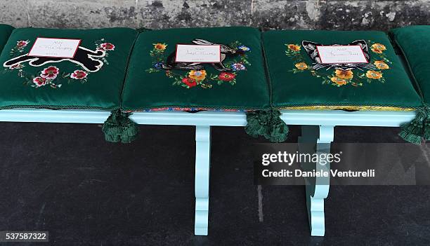 General view of the set up ahead of the Gucci Cruise 2017 fashion show at the Cloisters of Westminster Abbey on June 2, 2016 in London, England.