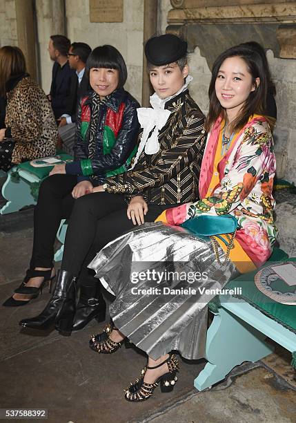 Angelica Cheung, Chris Lee and Kong Hyo Jin attend the Gucci Cruise 2017 fashion show at the Cloisters of Westminster Abbey on June 2, 2016 in...