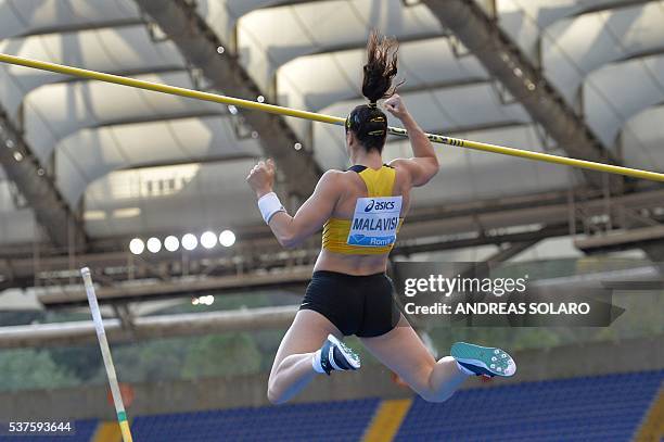 Italy's Sonia Malavisi competes in the Women's Pole Vault event at the Rome's Diamond League competition on June 2, 2016 at the Olympic Stadium in...