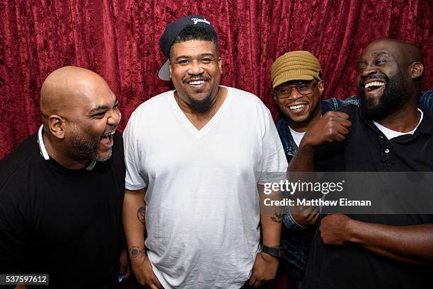 Vincent Mason AKA Maseo, David Jolicoeur AKA Trugoy the Dove, Sway Calloway and Kelvin Mercer AKA Posdnuos AKA Pos of the band De La Soul visit 'Sway...