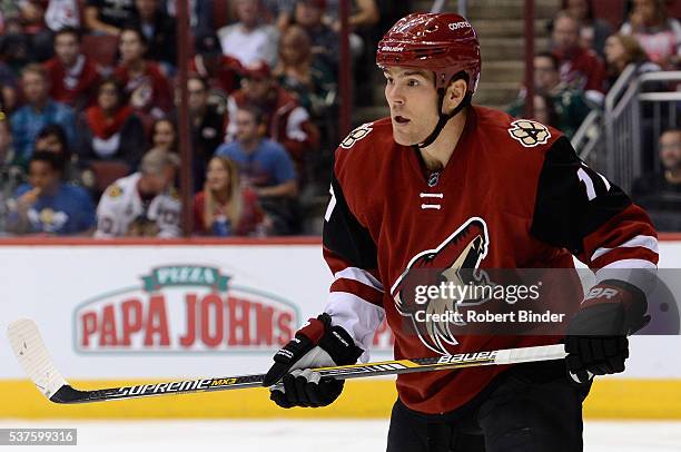 Steve Downie of the Arizona Coyotes plays in the game against the Minnesota Wild at Gila River Arena on October 15, 2015 in Glendale, Arizona.