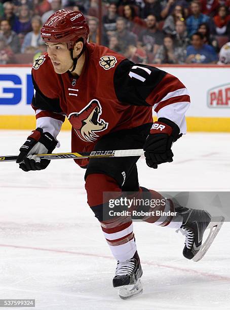 Steve Downie of the Arizona Coyotes plays in the game against the Minnesota Wild at Gila River Arena on October 15, 2015 in Glendale, Arizona.