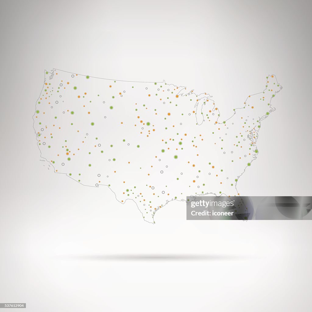 USA dot map with outline in grey space