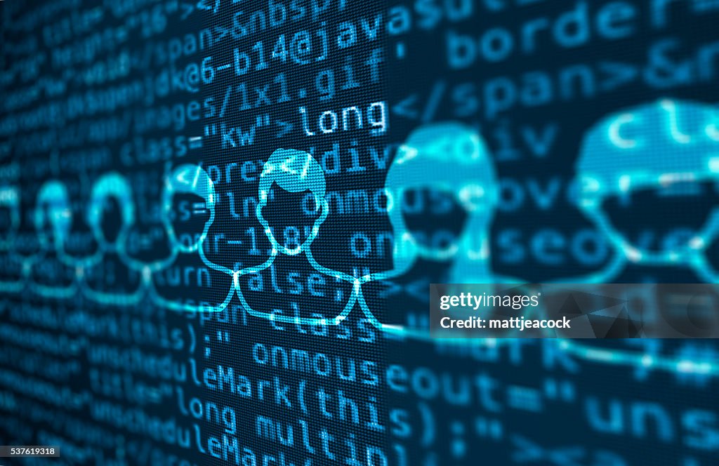 Computer data code screen with people icons