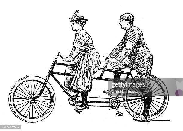 ilustraciones, imágenes clip art, dibujos animados e iconos de stock de ilustración antigua de hombre y mujer en tándem - ciclismo tandem