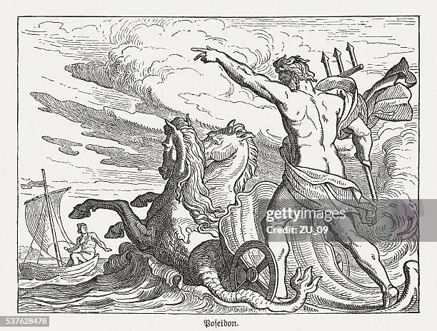 poseidon, greek mythology, wood engraving, published in 1880 - chariot stock illustrations