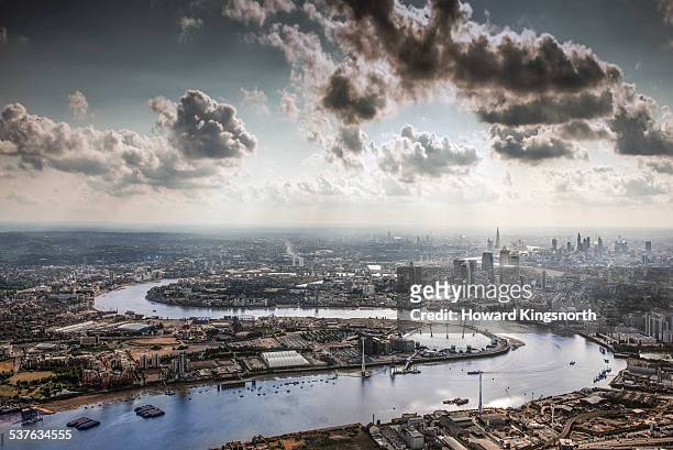 the thames, the o2 and the city of london - london aerial stock pictures, royalty-free photos & images