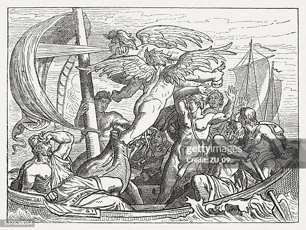 stockillustraties, clipart, cartoons en iconen met wind god aeolus brings ulysses misfortune, greek mythology, published 1880 - mythological character