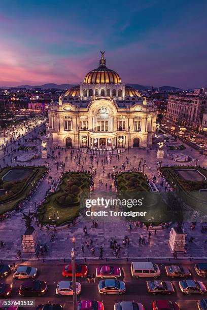 palace of fine arts, night panoramic view - mexico city night stock pictures, royalty-free photos & images