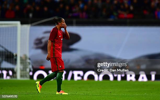 Bruno Alves of Portugal reacts as he is sent off during the international friendly match between England and Portugal at Wembley Stadium on June 2,...