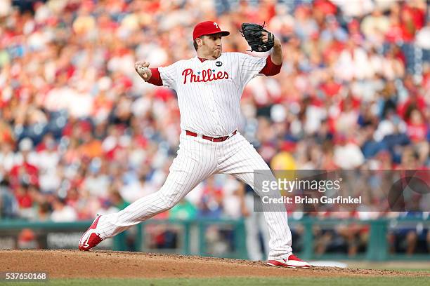 Aaron Harang of the Philadelphia Phillies throws a pitch during the game against the Milwaukee Brewers at Citizens Bank Park on July 1, 2015 in...
