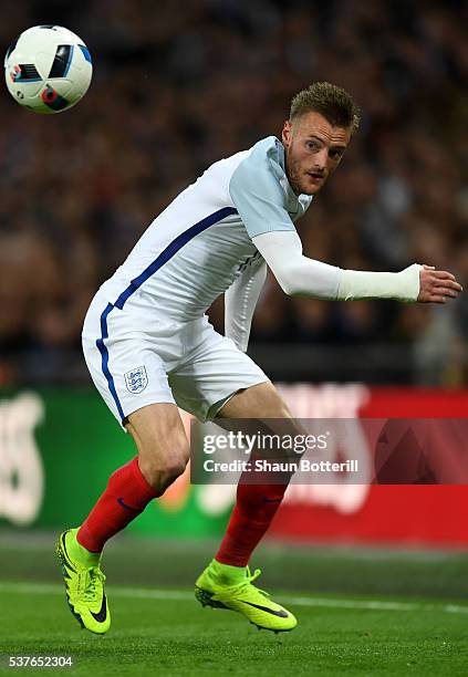 Jamie Vardy of England in action during the international friendly match between England and Portugal at Wembley Stadium on June 2, 2016 in London,...