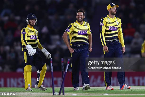 Shahid Afridi of Hampshire celebrates taking the wicket of Sam Northeast of Kent alongside James Vince and Adam Wheater during the NatWest T20 Blast...