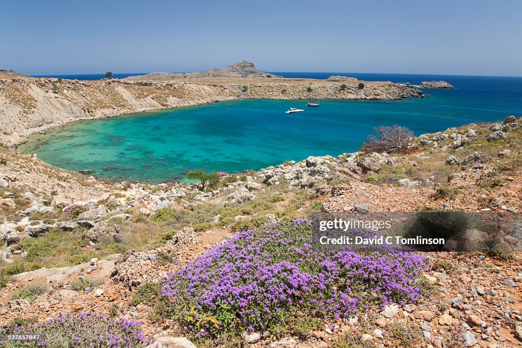 View over picturesque cove, Lindos, Rhodes, Greece