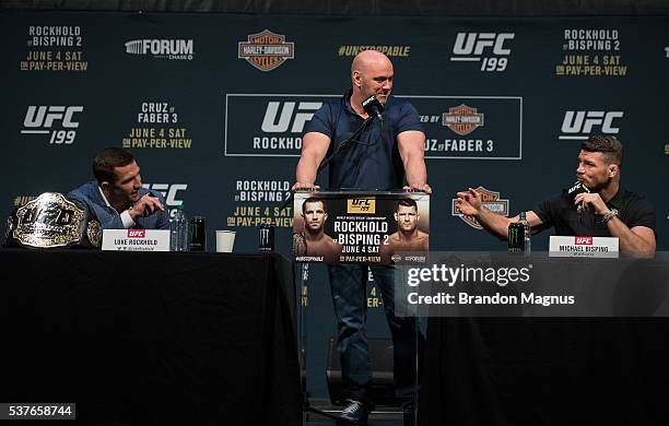 Middleweight champion Luke Rockhold and Michael Bisping speak to the media during the UFC 199: Press Conference at the Forum on June 2, 2016 in...