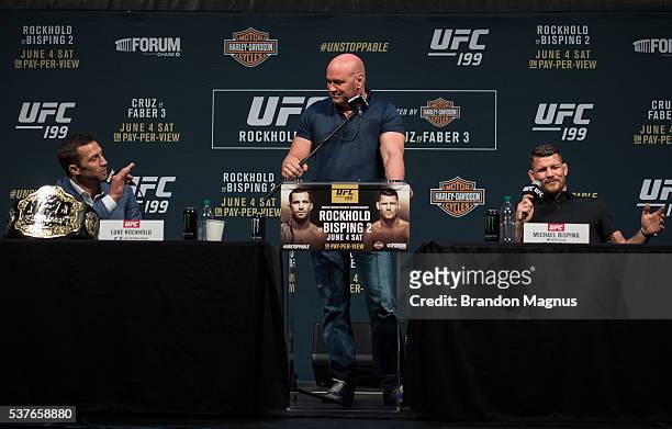 Middleweight champion Luke Rockhold and Michael Bisping speak to the media during the UFC 199: Press Conference at the Forum on June 2, 2016 in...