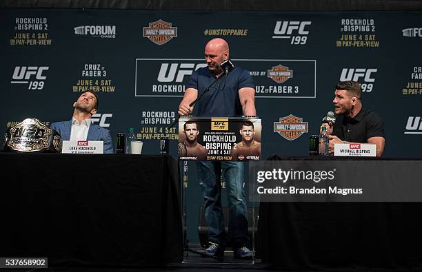 Middleweight champion Luke Rockhold and Michael Bisping speak to the media during the UFC 199: Press Conference at the Forum on June 2, 2016 in...