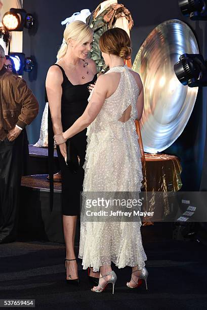 Actresses Charlize Theron and Emily Blunt attend the premiere of Universal Pictures' 'The Huntsman: Winter's War' at the Regency Village Theatre on...