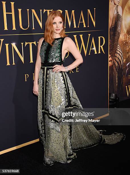 Actress Jessica Chastain attends the premiere of Universal Pictures' 'The Huntsman: Winter's War' at the Regency Village Theatre on April 11, 2016 in...