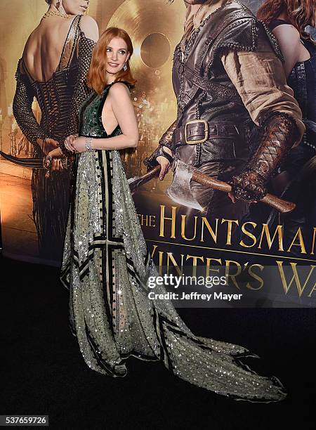 Actress Jessica Chastain attends the premiere of Universal Pictures' 'The Huntsman: Winter's War' at the Regency Village Theatre on April 11, 2016 in...