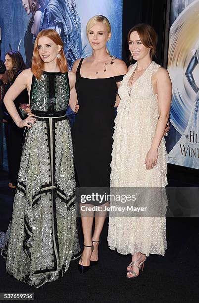 Actresses Jessica Chastain, Charlize Theron and Emily Blunt attend the premiere of Universal Pictures' 'The Huntsman: Winter's War' at the Regency...