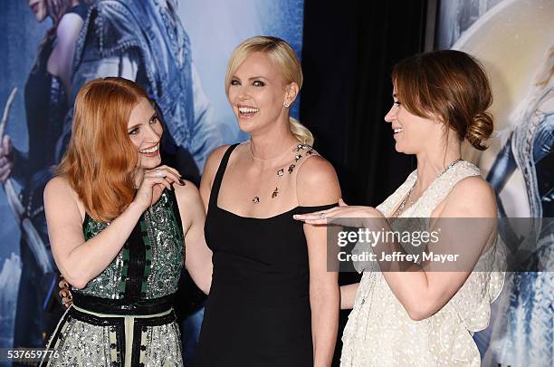 Actresses Jessica Chastain, Charlize Theron and Emily Blunt attend the premiere of Universal Pictures' 'The Huntsman: Winter's War' at the Regency...