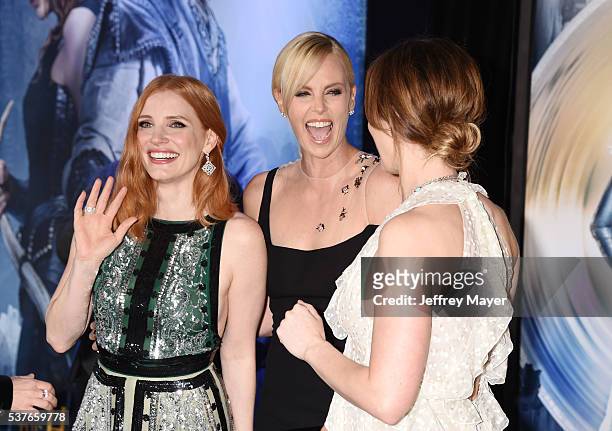 Actresses Jessica Chastain, Charlize Theron and Emily Blunt attend the premiere of Universal Pictures' 'The Huntsman: Winter's War' at the Regency...