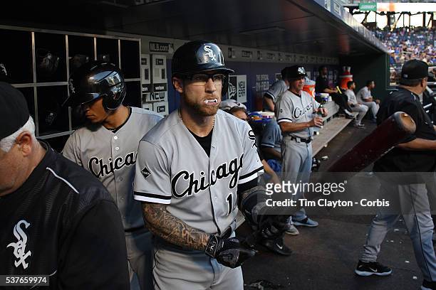 May 31: Second baseman Brett Lawrie of the Chicago White Sox preparing to bat in the dugout wearing his white mouth guard, which makes it look like...