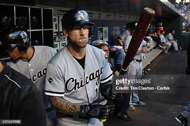 May 31: Second baseman Brett Lawrie of the Chicago White Sox preparing to bat in the dugout wearing his white mouth guard, which makes it look like...