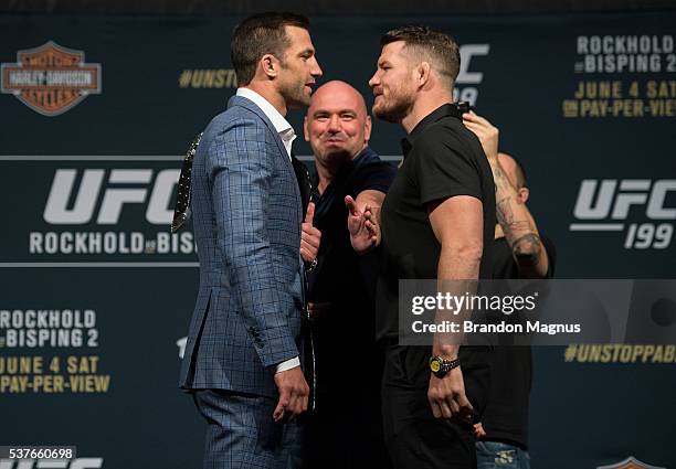 Middleweight champion Luke Rockhold and Michael Bisping face off during the UFC 199: Press Conference at the Forum on June 2, 2016 in Inglewood,...